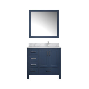 Jacques 36 in. W x 22 in. D Right Offset Navy Blue Bath Vanity, Carrara Marble Top, Faucet Set, and 34 in. Mirrors