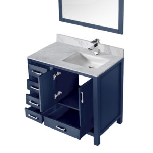 Jacques 36 in. W x 22 in. D Right Offset Navy Blue Bath Vanity, Carrara Marble Top, Faucet Set, and 34 in. Mirrors