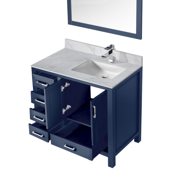 Jacques 36 in. W x 22 in. D Right Offset Navy Blue Bath Vanity, Carrara Marble Top, Faucet Set, and 34 in. Mirrors