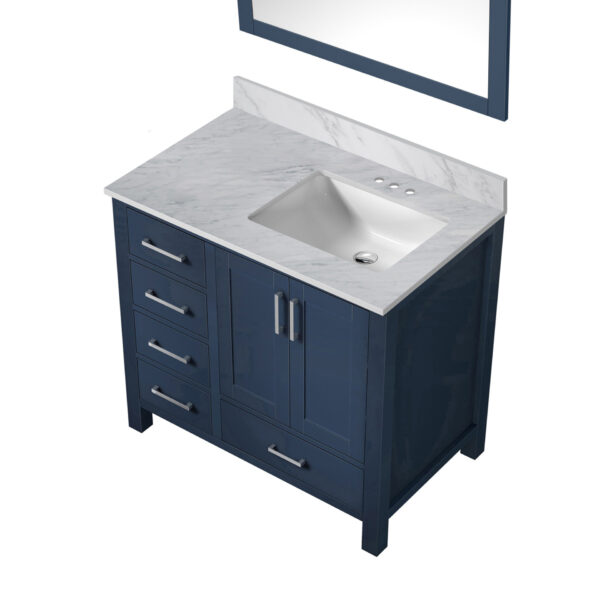 Jacques 36 in. W x 22 in. D Left Offset Navy Blue Bath Vanity, Carrara Marble Top, and 34 in. Mirrors