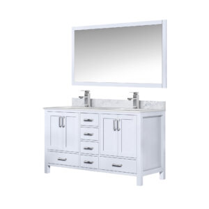 Jacques 60 in. W x 22 in. D White Double Bath Vanity, Carrara Marble Top, Faucet Set, and 58 in. Mirror