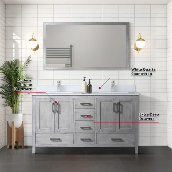 Jacques 60 in. W x 22 in. D Distressed Grey Double Bath Vanity and White Quartz Top