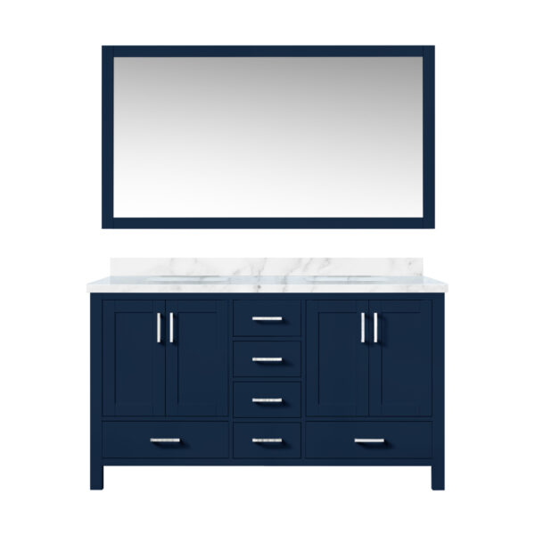 Jacques 60 in. W x 22 in. D Navy Blue Double Bath Vanity, Carrara Marble Top, and 58 in. Mirror