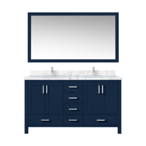 Jacques 60 in. W x 22 in. D Navy Blue Double Bath Vanity, Carrara Marble Top, Faucet Set, and 58 in. Mirror