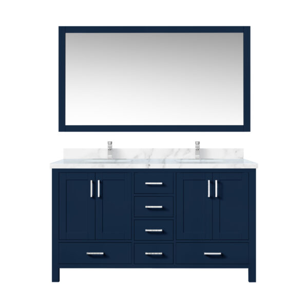 Jacques 60 in. W x 22 in. D Navy Blue Double Bath Vanity, Carrara Marble Top, Faucet Set, and 58 in. Mirror