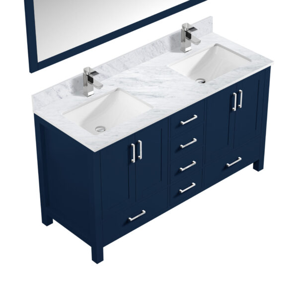 Jacques 60 in. W x 22 in. D Navy Blue Double Bath Vanity, Carrara Marble Top, Faucet Set, and 58 in. Mirror