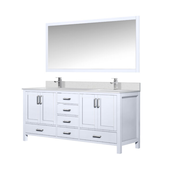 Jacques 72 in. W x 22 in. D White Bath Vanity, Cultured Marble Top, Faucet Set, and 28 in. Mirror