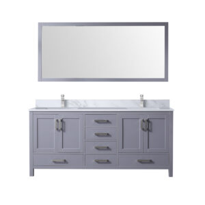 Jacques 72 in. W x 22 in. D Dark Grey Double Bath Vanity, Carrara Marble Top, Faucet Set, and 28 in. Mirror