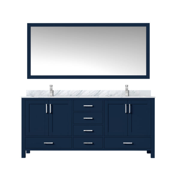 Jacques 72 in. W x 22 in. D Navy Blue Double Bath Vanity, Carrara Marble Top, Faucet Set, and 28 in. Mirror