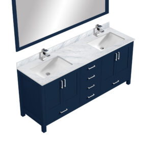 Jacques 72 in. W x 22 in. D Navy Blue Double Bath Vanity, Carrara Marble Top, Faucet Set, and 28 in. Mirror