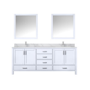 Jacques 80 in. W x 22 in. D White Double Bath Vanity, Carrara Marble Top, Faucet Set, and 30 in. Mirrors