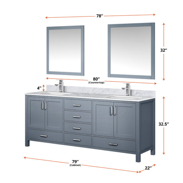 Jacques 80 in. W x 22 in. D Dark Grey Double Bath Vanity and 30 in. Mirrors