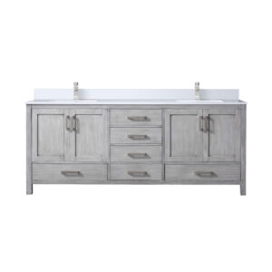 Jacques 80 in. W x 22 in. D Distressed Grey Double Bath Vanity, White Quartz Top, and Faucet Set