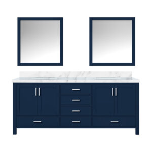 Jacques 80 in. W x 22 in. D Navy Blue Double Bath Vanity, Carrara Marble Top, and 30 in. Mirrors