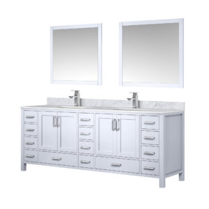 Jacques 84 in. W x 22 in. D White Double Bath Vanity, Carrara Marble Top, Faucet Set, and 34 in. Mirrors