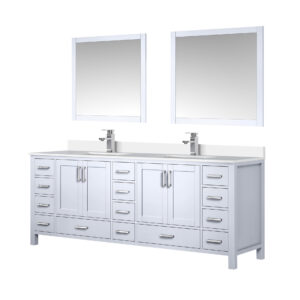 Jacques 84 in. W x 22 in. D White Bath Vanity, Cultured Marble Top, Faucet Set, and 34 in. Mirror