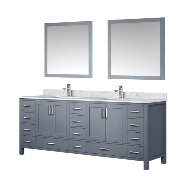 Jacques 84 in. W x 22 in. D Dark Grey Double Bath Vanity, Carrara Marble Top, Faucet Set, and 34 in. Mirrors