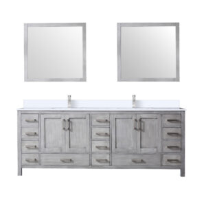 Jacques 84 in. W x 22 in. D Distressed Grey Bath Vanity, Cultured Marble Top, Faucet Set, and 34 in. Mirror