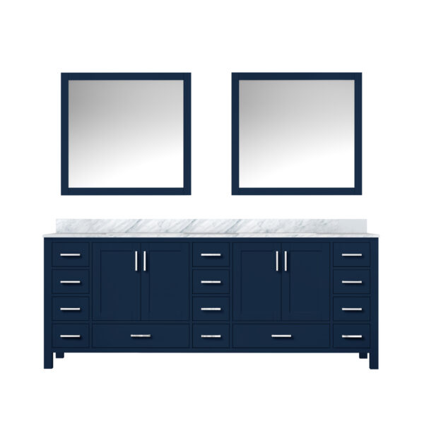 Jacques 84 in. W x 22 in. D Navy Blue Double Bath Vanity, Carrara Marble Top, and 34 in. Mirrors