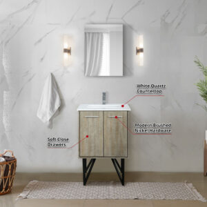 Lancy 24W x 20D Rustic Acacia Bath Vanity, White Quartz Top and Chrome Faucet Set