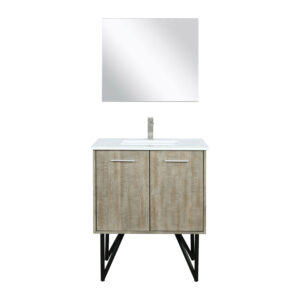 Lancy 30W x 20D Rustic Acacia Bath Vanity, Cultured Marble Top, Brushed Nickel Faucet Set and 28Mirror