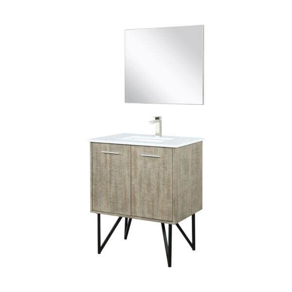 Lancy 30W x 20D Rustic Acacia Bath Vanity, Cultured Marble Top, Brushed Nickel Faucet Set and 28Mirror