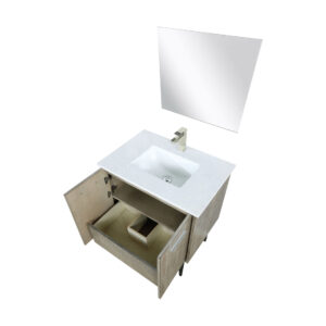 Lancy 30W x 20D Rustic Acacia Bath Vanity, Cultured Marble Top, Brushed Nickel Faucet Set and 28Mirror