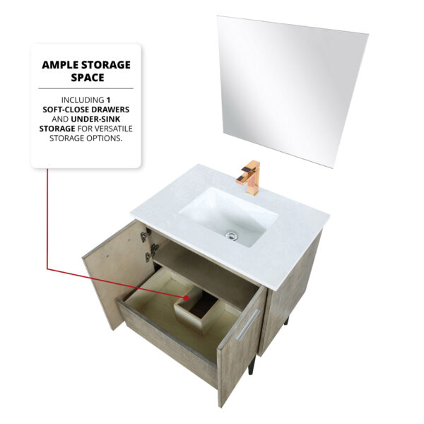 Lancy 30W x 20D Rustic Acacia Bath Vanity, Cultured Marble Top and Brushed Nickel Faucet Set