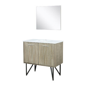 Lancy 36W x 20D Rustic Acacia Bath Vanity, White Quartz Top and 28Mirror