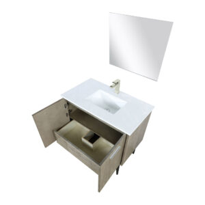 Lancy 36W x 20D Rustic Acacia Bath Vanity, Cultured Marble Top, Brushed Nickel Faucet Set and 28Mirror