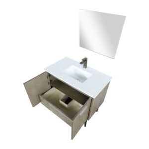 Lancy 36W x 20D Rustic Acacia Bath Vanity, Cultured Marble Top, Gun Metal Faucet Set and 28Mirror