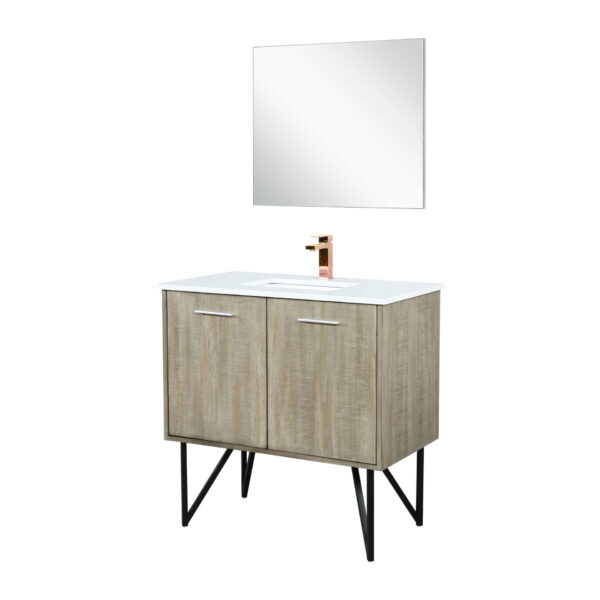 Lancy 36W x 20D Rustic Acacia Bath Vanity, Cultured Marble Top, Rose Gold Faucet Set and 28Mirror