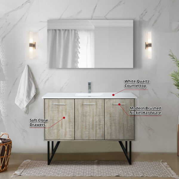 Lancy 48W x 20D Rustic Acacia Bath Vanity, White Quartz Top and Chrome Faucet Set