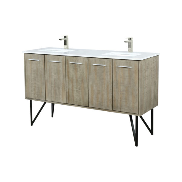 Lancy 60W x 20D Rustic Acacia Double Bath Vanity, Cultured Marble Top and Brushed Nickel Faucet Set