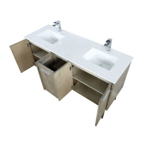 Lancy 60W x 20D Rustic Acacia Double Bath Vanity, Cultured Marble Top and Chrome Faucet Set