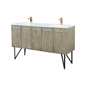 Lancy 60W x 20D Rustic Acacia Double Bath Vanity, Cultured Marble Top and Rose Gold Faucet Set