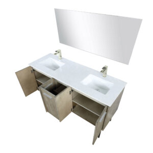 Lancy 60W x 20D Rustic Acacia Double Bath Vanity, Cultured Marble Top, Brushed Nickel Faucet Set and 55Mirror