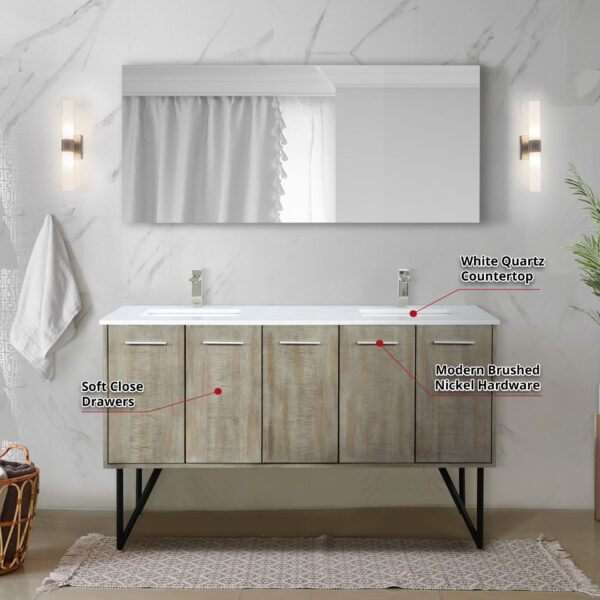 Lancy 60W x 20D Rustic Acacia Double Bath Vanity and White Quartz Top