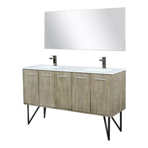 Lancy 60W x 20D Rustic Acacia Double Bath Vanity, Cultured Marble Top, Gun Metal Faucet Set and 55Mirror