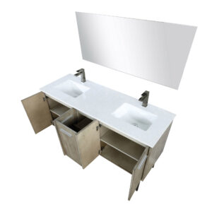 Lancy 60W x 20D Rustic Acacia Double Bath Vanity, Cultured Marble Top, Gun Metal Faucet Set and 55Mirror