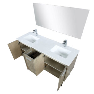 Lancy 60W x 20D Rustic Acacia Double Bath Vanity, Cultured Marble Top, Rose Gold Faucet Set and 55Mirror