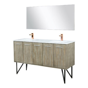 Lancy 60W x 20D Rustic Acacia Double Bath Vanity, Cultured Marble Top, Chrome Faucet Set and 55Mirror