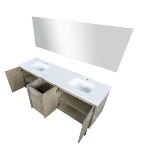 Lancy 72W x 20D Rustic Acacia Double Bath Vanity, White Quartz Top and 70Mirror