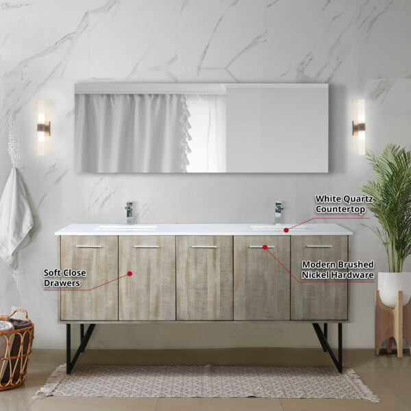 Lancy 72W x 20D Rustic Acacia Double Bath Vanity, White Quartz Top and Chrome Faucet Set