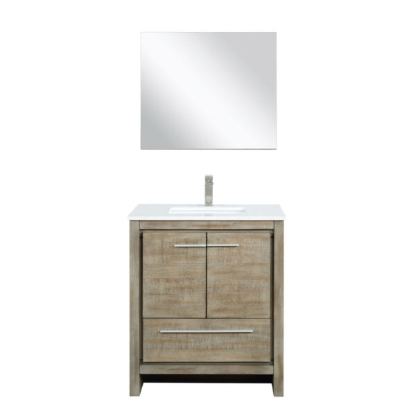 Lafarre 30W x 20D Rustic Acacia Bath Vanity, Cultured Marble Top, Brushed Nickel Faucet Set and 28Mirror