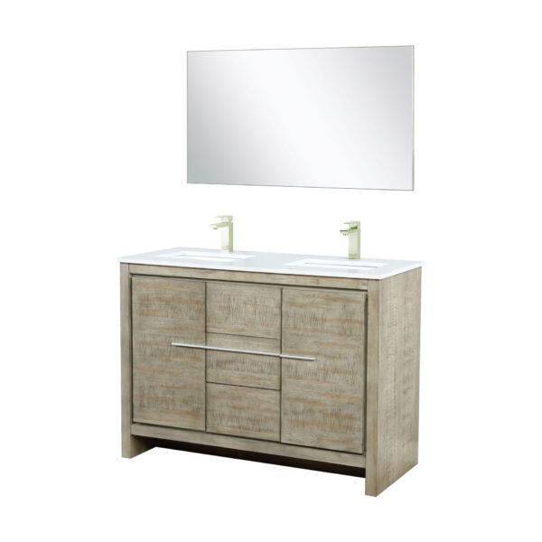 Lafarre 48W x 20D Rustic Acacia Double Bath Vanity, Cultured Marble Top, Brushed Nickel Faucet Set and 43Mirror