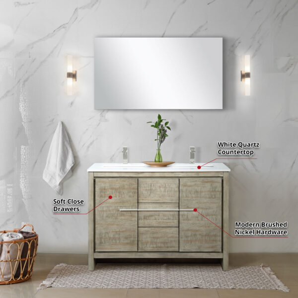 Lafarre 48W x 20D Rustic Acacia Double Bath Vanity, White Quartz Top and Brushed Nickel Faucet Set