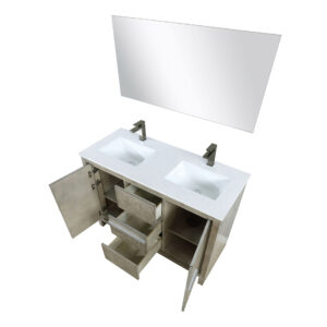 Lafarre 48W x 20D Rustic Acacia Double Bath Vanity, Cultured Marble Top, Gun Metal Faucet Set and 43Mirror