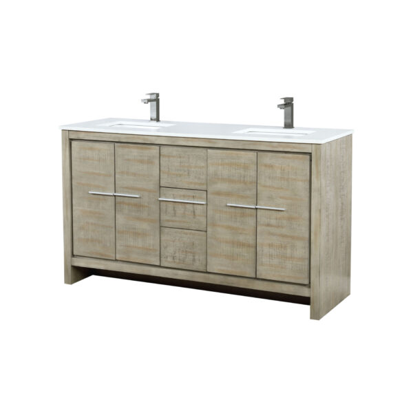 Lafarre 60W x 20D Rustic Acacia Double Bath Vanity, Cultured Marble Top and Gun Metal Faucet Set