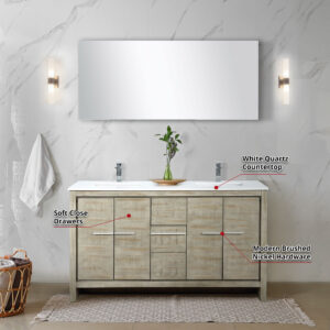 Lafarre 60W x 20D Rustic Acacia Double Bath Vanity, White Quartz Top and Gun Metal Faucet Set